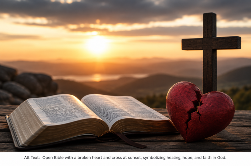 Bible, Broken Heart, and Cross at Sunset
